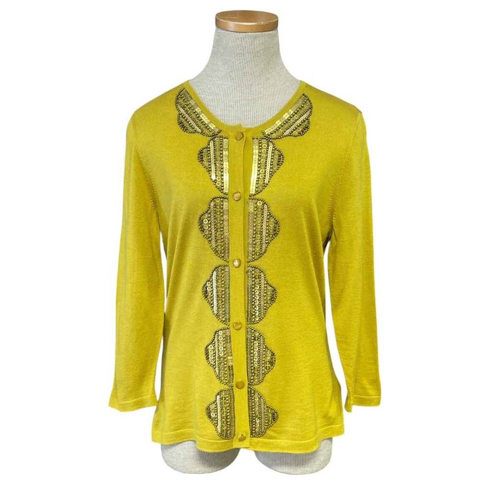 ST. JOHN Cardigan Sweater Mustard Wool Cashmere Silk Embellishments Size Small